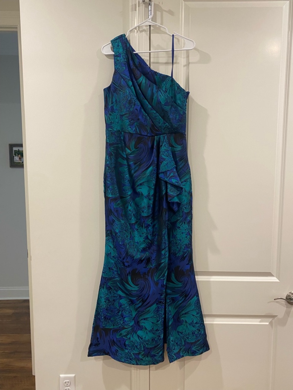 Adrianna Papell Teal & Navy One-Shoulder Floral Gown